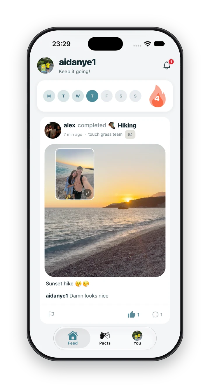The Pact feed: alex completed Hiking with the touch grass team, a sunset beach photo with a selfie inset, a comment and a like.